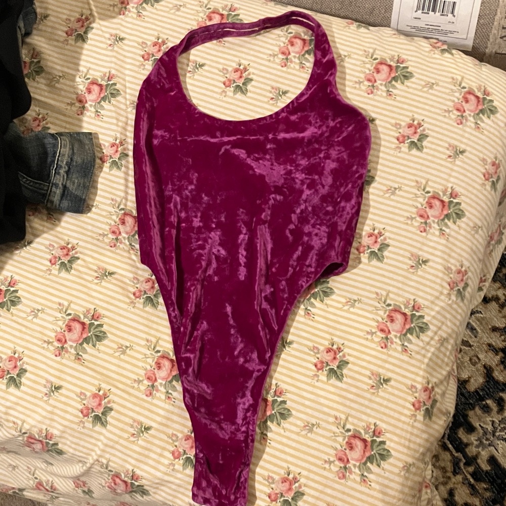 Velvet Halter Bodysuit in Deep Pink thong